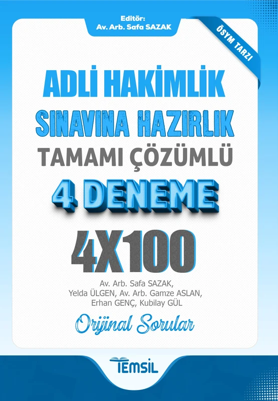 Adli Hakimlik Sınavına Hazırlık Tamamı Çözümlü 4 Deneme | TEMSİL KİTAP (Ciltsiz)