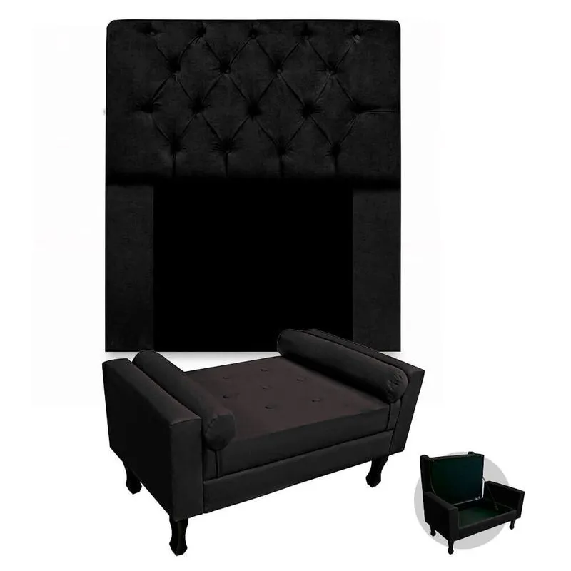 Kit Recamier Sofá Calçadeira Divã Félix 90 cm e Cabeceira Estofada Lady 90 cm Para Cama Box Solteiro Suede