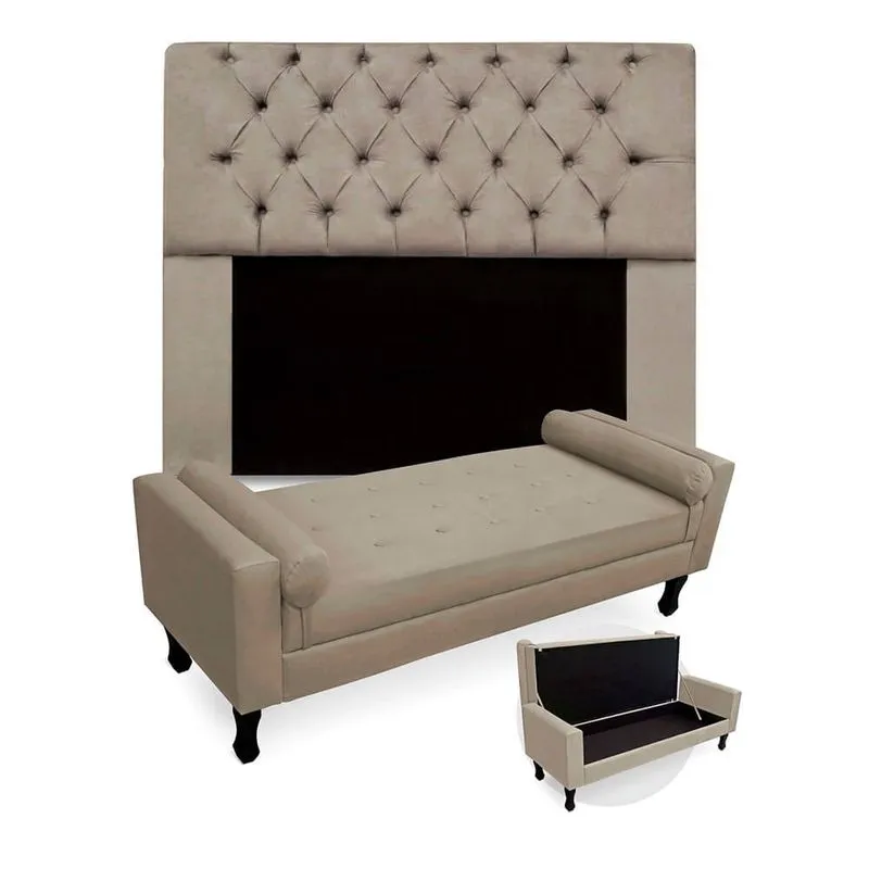 Kit Recamier Sofá Calçadeira Divã Félix 160 cm e Cabeceira Estofada Lady 160 cm Para Cama Box Queen Size Suede Marrom