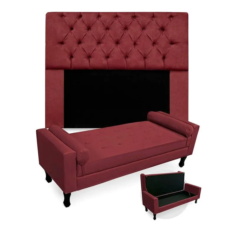 Kit Recamier Sofá Calçadeira Divã Félix 195 cm e Cabeceira Estofada Lady 195 cm Para Cama Box King Size Suede Vermelho