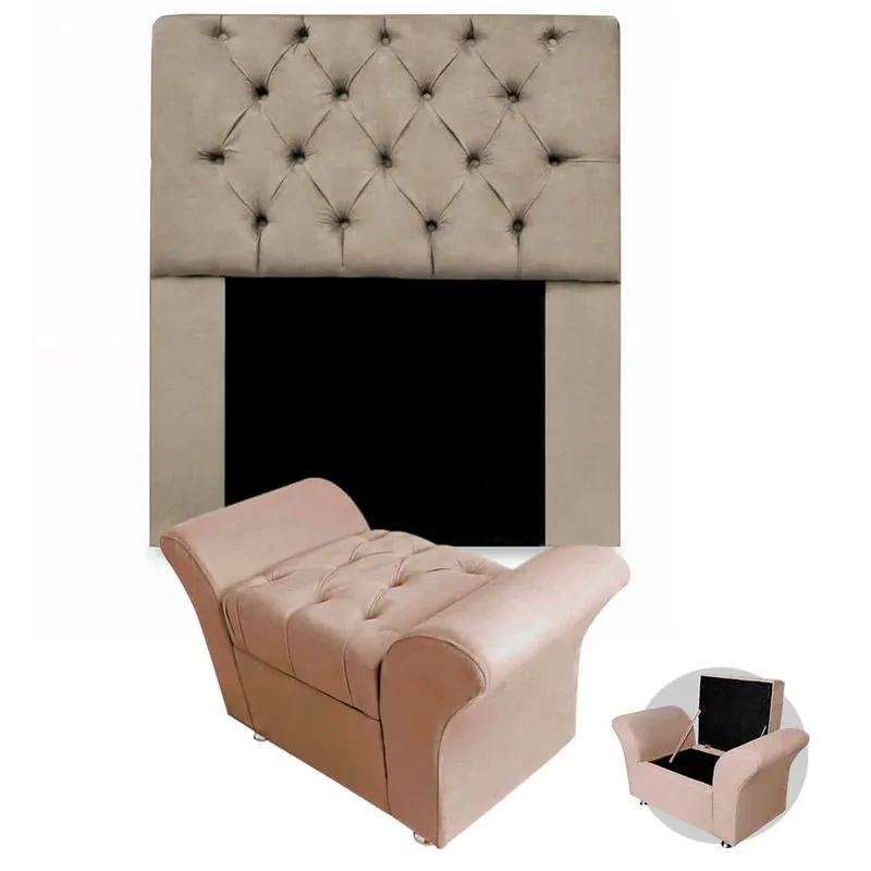 Kit Cabeceira Mirage + Calçadeira Baú Veneza Solteiro 90cm Suede - Renascer Decor