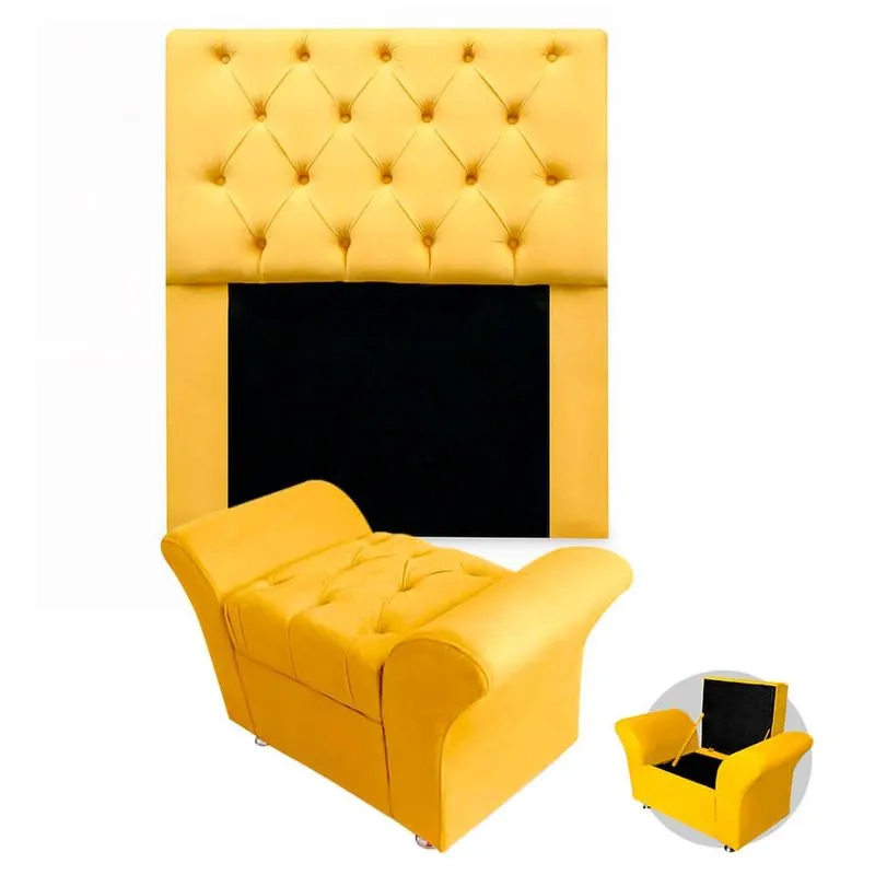 Kit Cabeceira Mirage + Calçadeira Baú Veneza Solteiro 90cm Suede - Renascer Decor