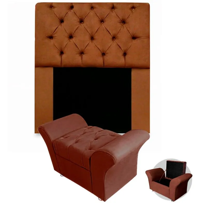 Kit Cabeceira Mirage + Calçadeira Baú Veneza Solteiro 120cm Suede - Renascer Decor