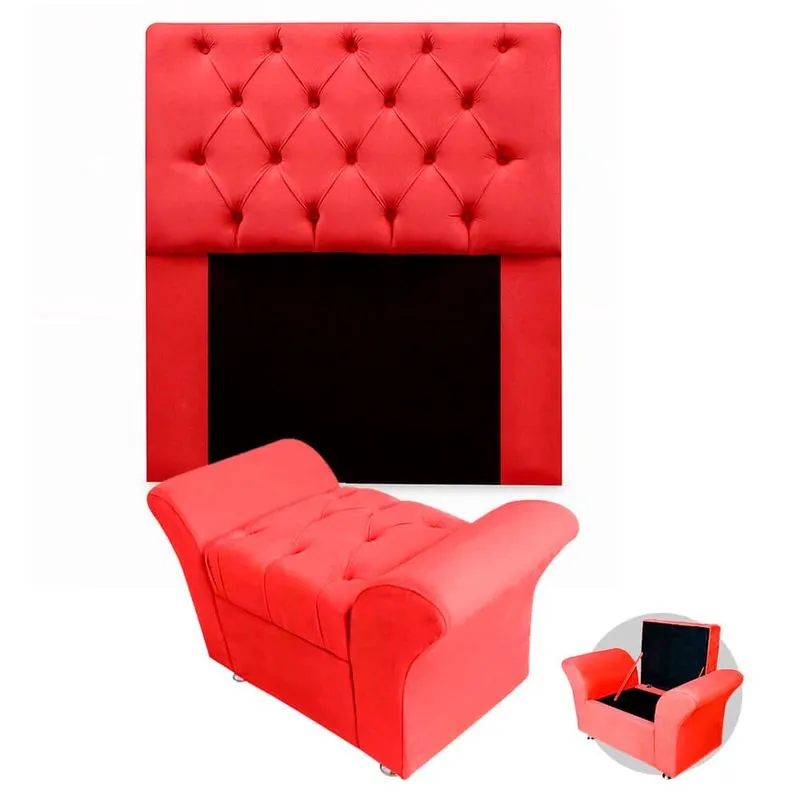 Kit Cabeceira Mirage + Calçadeira Baú Veneza Solteiro 120cm Suede - Renascer Decor