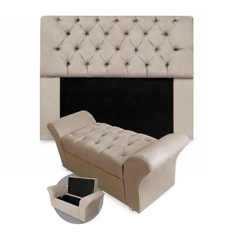 Kit Cabeceira Mirage + Calçadeira Baú Veneza Casal 140cm Suede - Renascer Decor