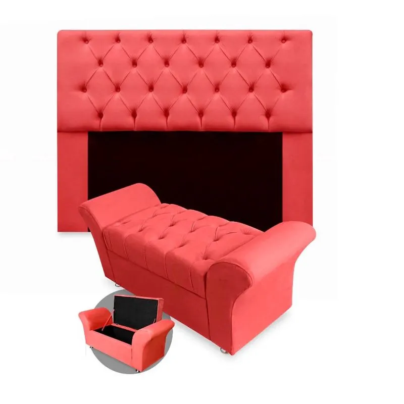 Kit Cabeceira Mirage + Calçadeira Baú Veneza Casal 140cm Suede - Renascer Decor