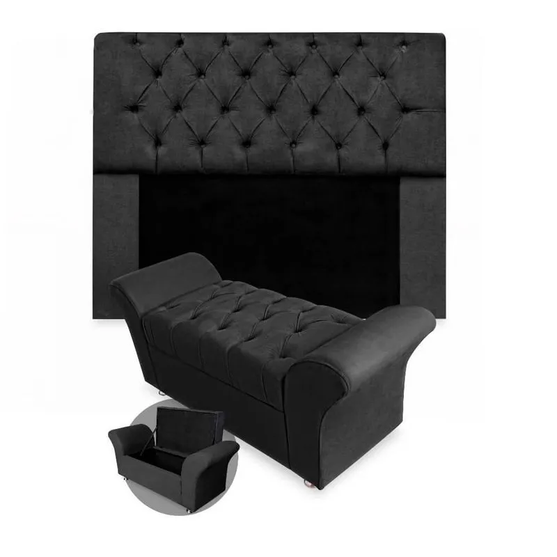 Kit Cabeceira Mirage + Calçadeira Baú Veneza Queen Size 160cm Suede - Renascer Decor