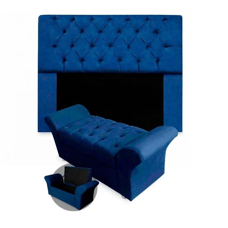 Kit Cabeceira Mirage + Calçadeira Baú Veneza Queen Size 160cm Suede - Renascer Decor