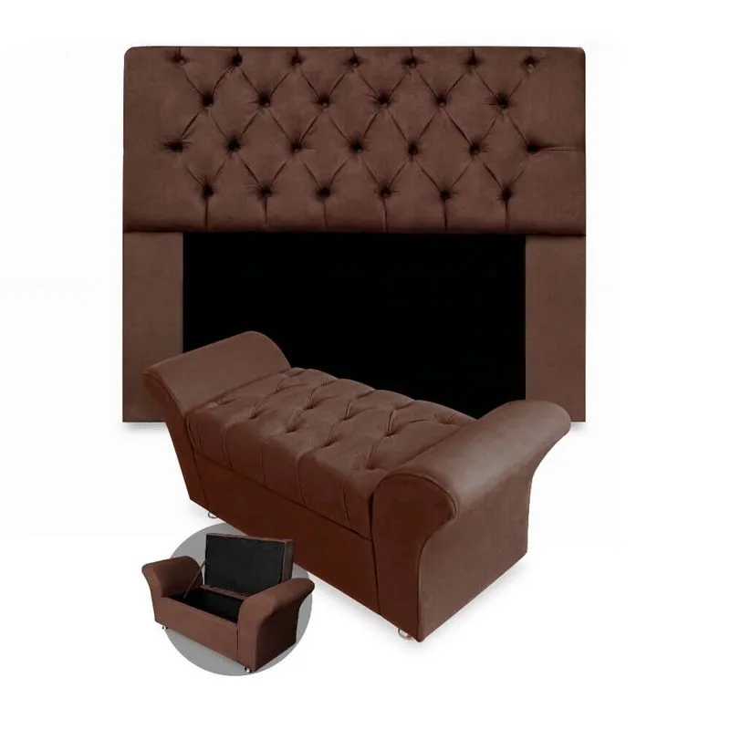 Kit Cabeceira Mirage + Calçadeira Baú Veneza King Size 195cm Suede - Renascer Decor