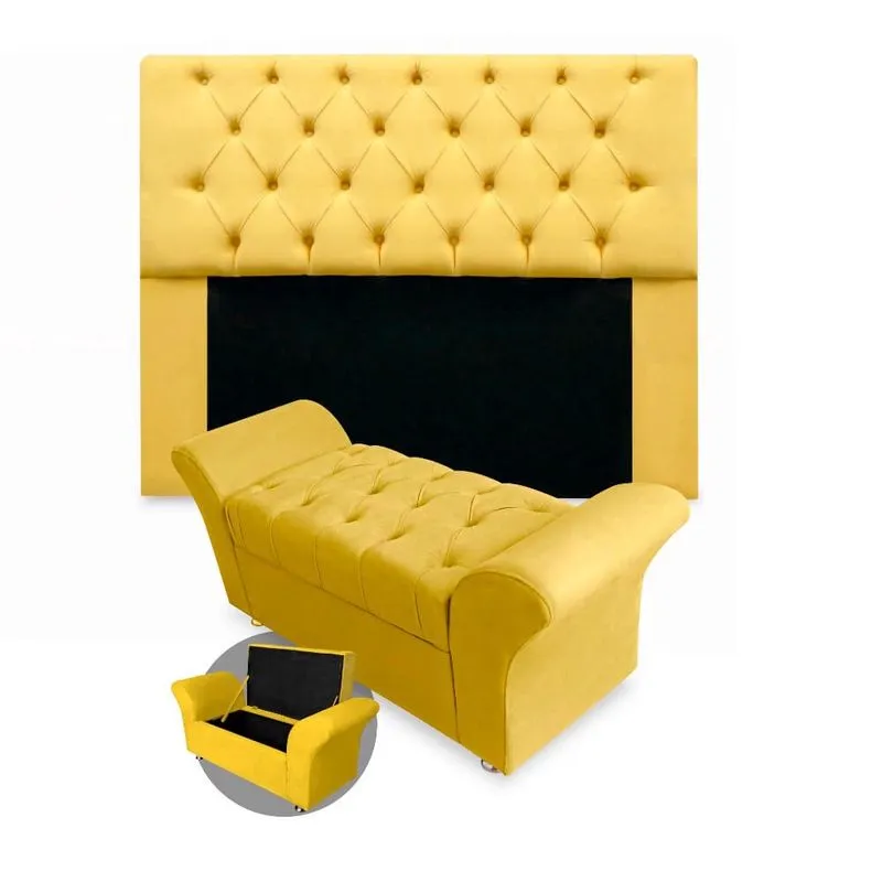 Kit Cabeceira Mirage + Calçadeira Baú Veneza King Size 195cm Suede - Renascer Decor