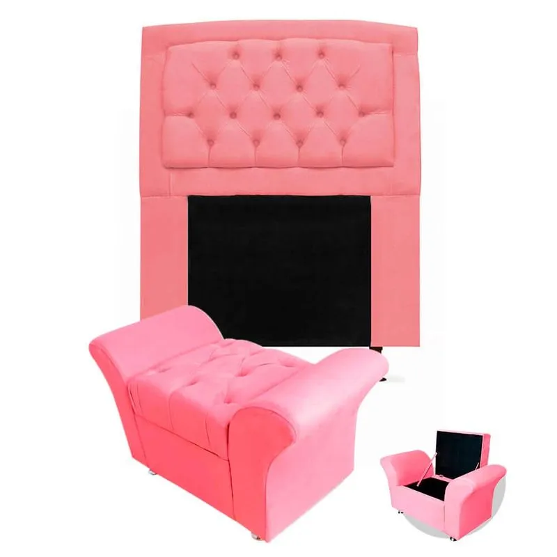 Kit Cabeceira Geovana + Calçadeira Baú Veneza Solteiro 90cm Suede - Renascer Decor
