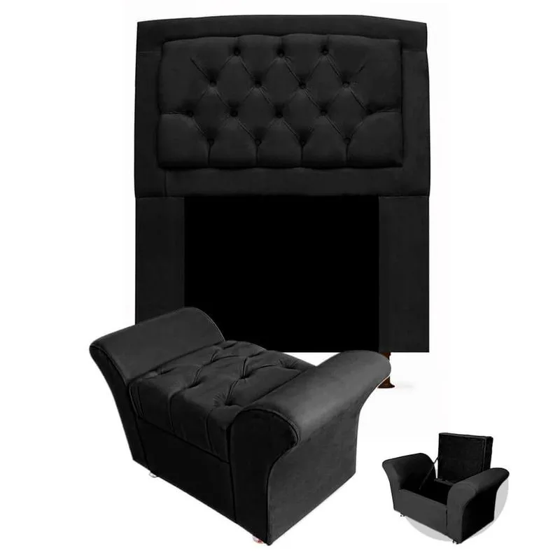 Kit Cabeceira Geovana + Calçadeira Baú Veneza Solteiro 90cm Suede - Renascer Decor