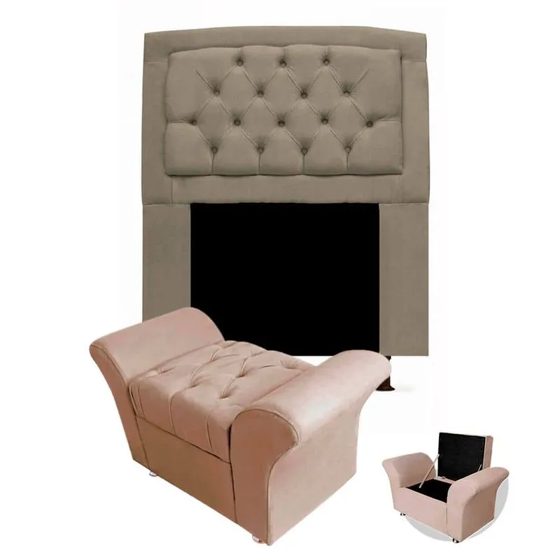 Kit Cabeceira Geovana + Calçadeira Baú Veneza Solteiro 100cm Suede - Ecotec Decor