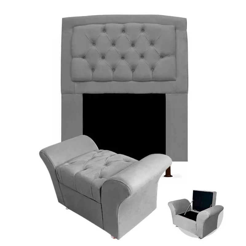 Kit Cabeceira Geovana + Calçadeira Baú Veneza Solteiro 120cm Suede - Renascer Decor