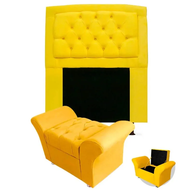 Kit Cabeceira Geovana + Calçadeira Baú Veneza Solteiro 120cm Suede - Renascer Decor