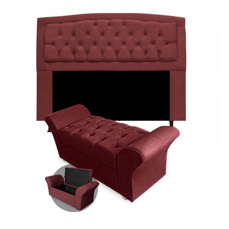 Kit Cabeceira Geovana + Calçadeira Baú Veneza Casal 140cm Suede - Renascer Decor