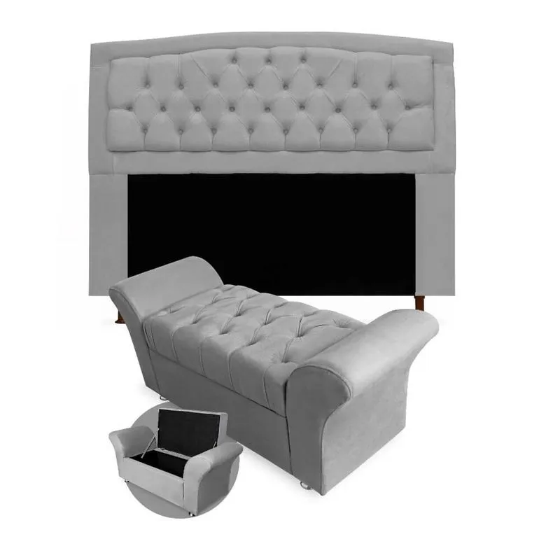 Kit Cabeceira Geovana + Calçadeira Baú Veneza Queen Size 160cm Suede - Renascer Decor
