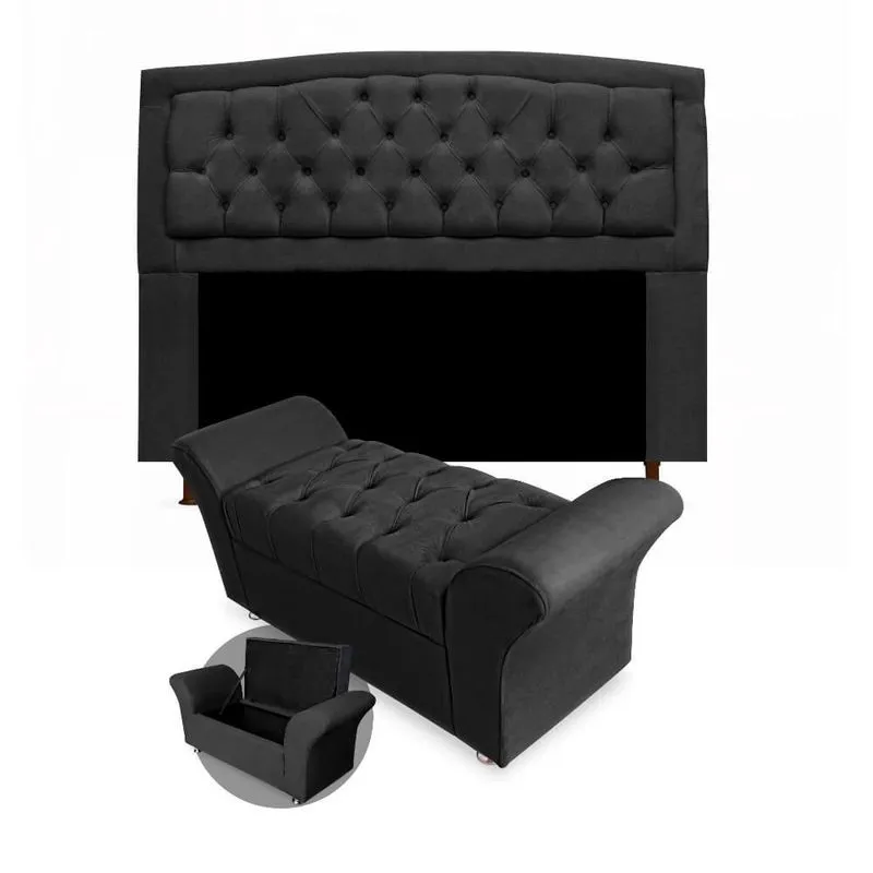 Kit Cabeceira Geovana + Calçadeira Baú Veneza Queen Size 160cm Suede - Renascer Decor
