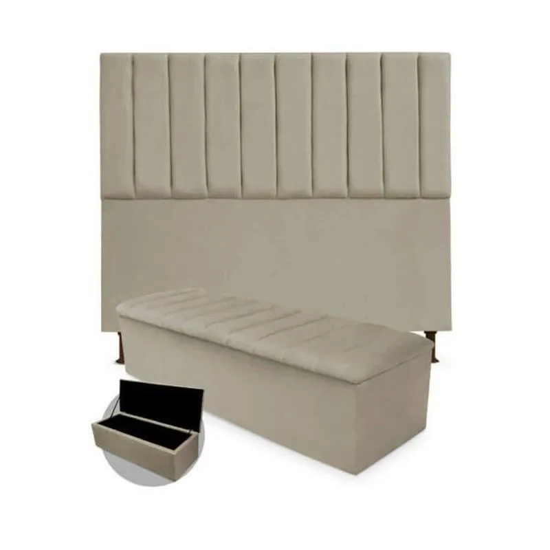 Kit Cabeceira + Calçadeira Baú Cancun Solteiro 90cm Suede