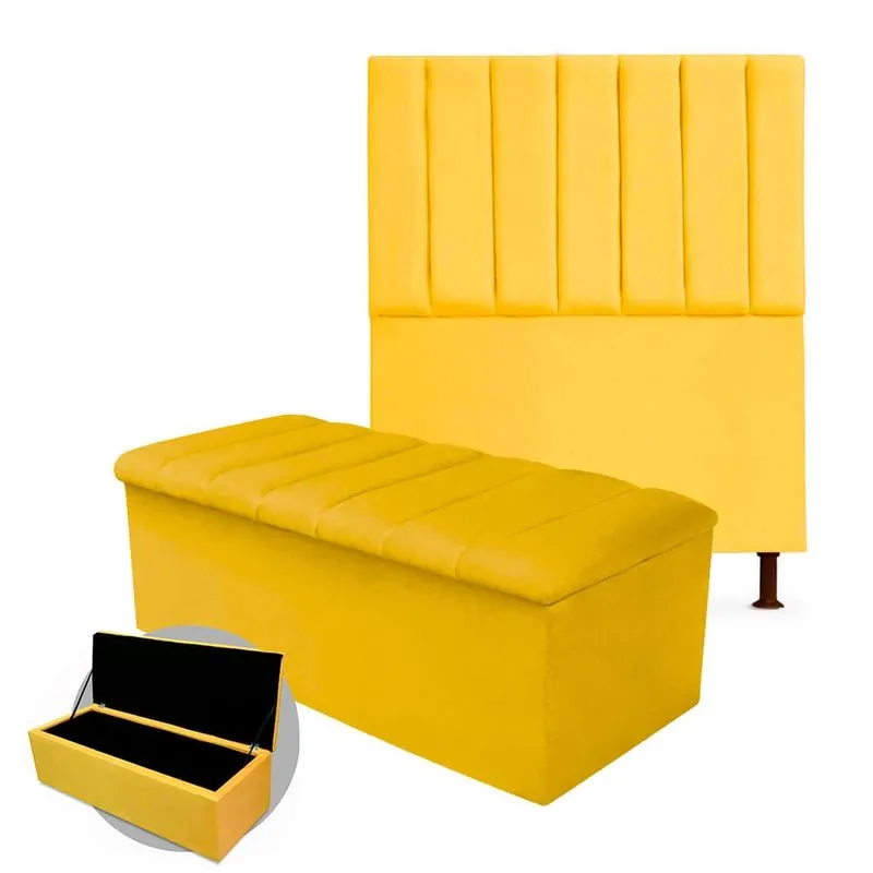 Kit Cabeceira + Calçadeira Baú Cancun Solteiro 120cm Suede - Renascer Decor