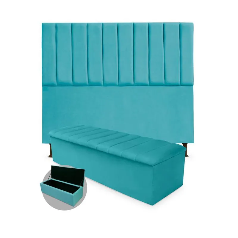 Kit Cabeceira + Calçadeira Baú Cancun Casal 140cm Suede - Ecotec Decor