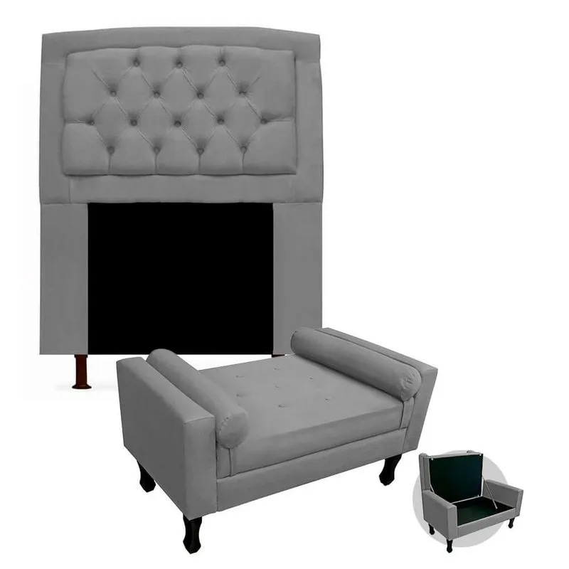 Kit Cabeceira Geovana + Calçadeira Baú Felix Solteiro 120cm Suede - Renascer Decor