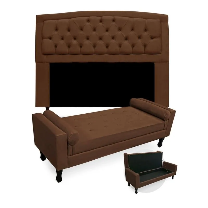Kit Cabeceira Geovana + Calçadeira Baú Felix Casal 140cm Suede - Renascer Decor