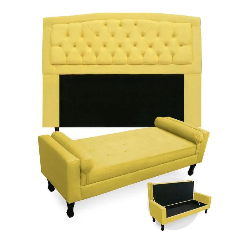 Kit Cabeceira Geovana + Calçadeira Baú Felix Casal 140cm Suede - Renascer Decor