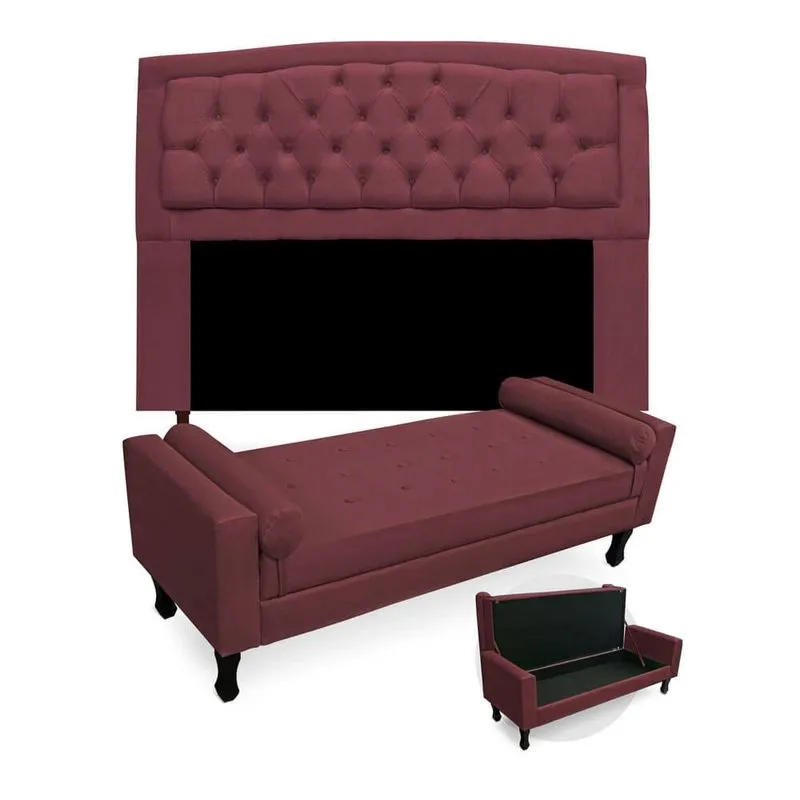 Kit Cabeceira Geovana + Calçadeira Baú Felix Casal 140cm Suede - Renascer Decor