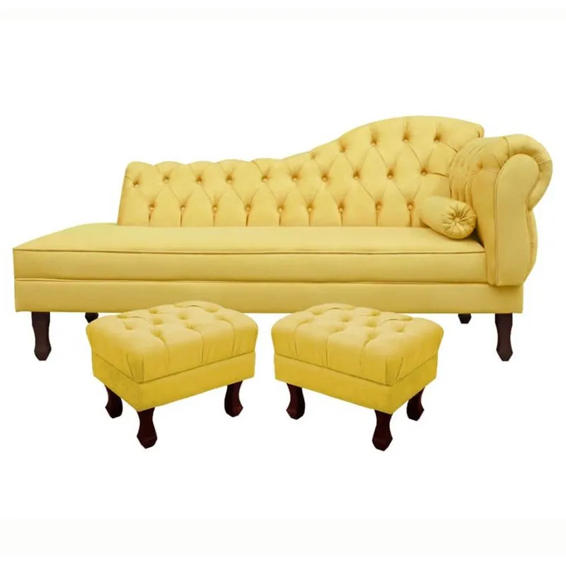 Divã Recamier Namoradeira Larissa 185cm com Capitonê - Esquerda + 02 Puffs Retrô Suede - Ecotec Decor
