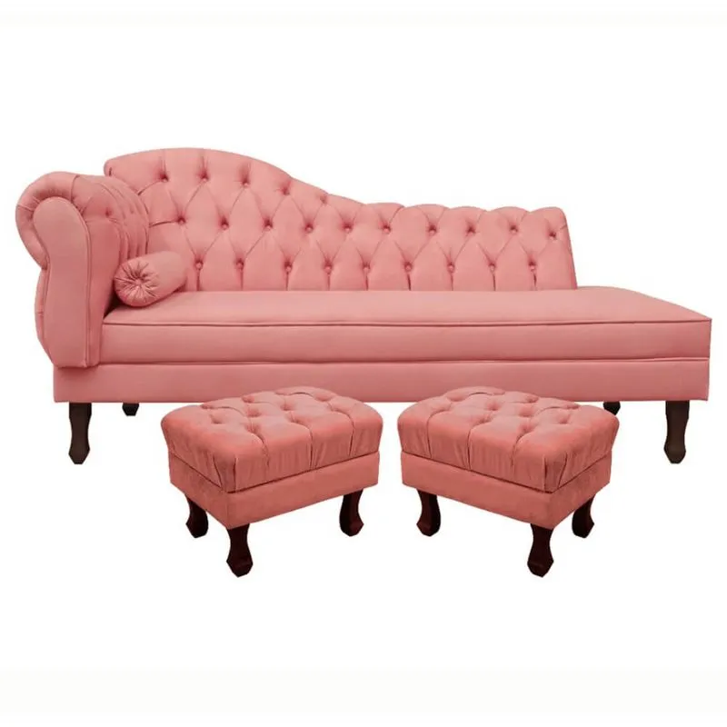 Divã Recamier Namoradeira Larissa 140cm com Capitonê - Direita + 02 Puffs Retrô Suede