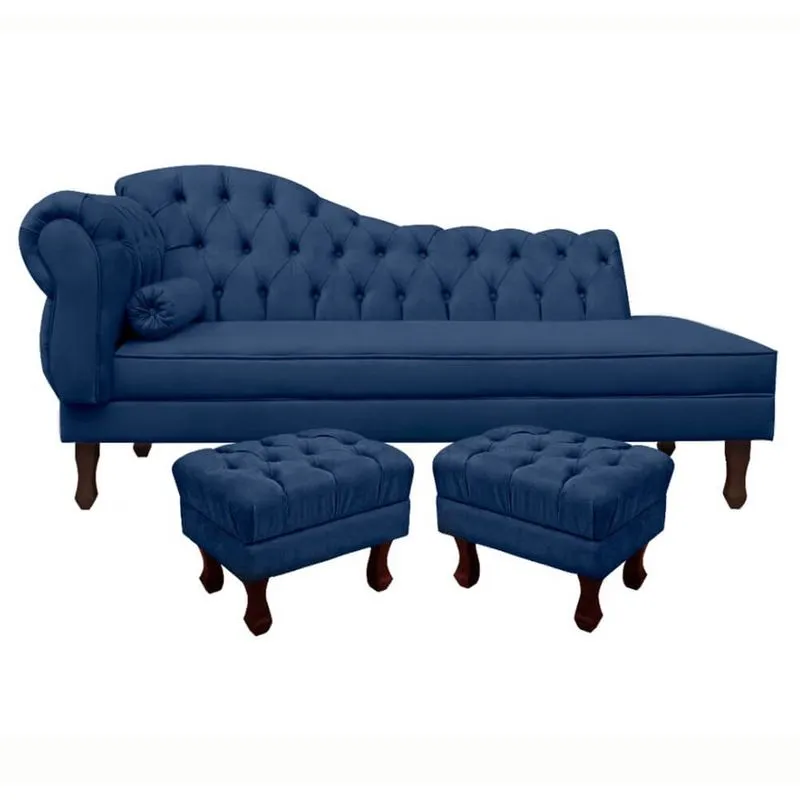 Divã Recamier Namoradeira Larissa 140cm com Capitonê - Direita + 02 Puffs Retrô Suede