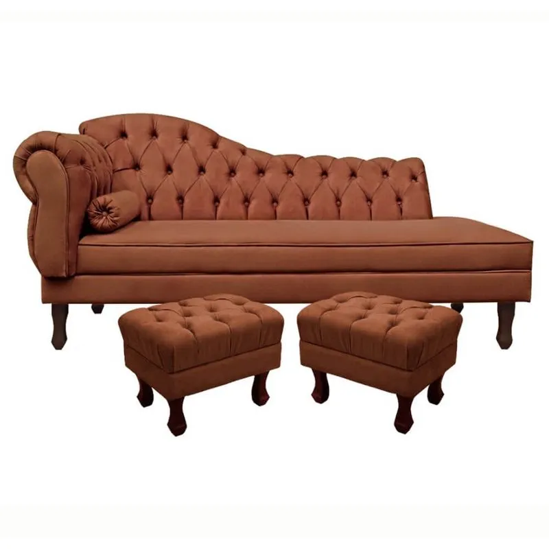 Divã Recamier Namoradeira Larissa 160cm com Capitonê - Direita + 02 Puffs Retrô Suede