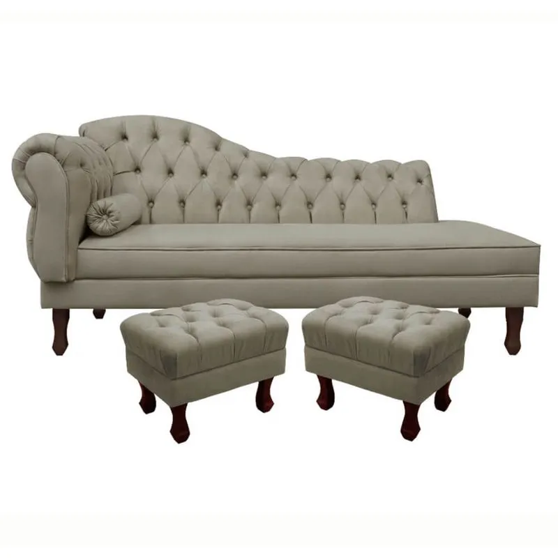 Divã Recamier Namoradeira Larissa 160cm com Capitonê - Direita + 02 Puffs Retrô Suede