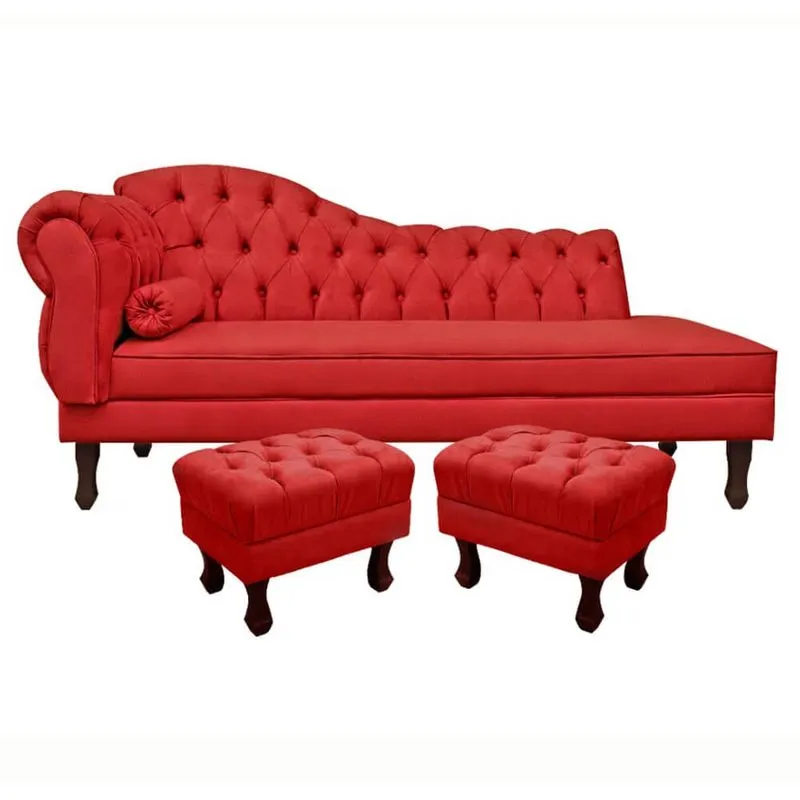 Divã Recamier Namoradeira Larissa 160cm com Capitonê - Direita + 02 Puffs Retrô Suede