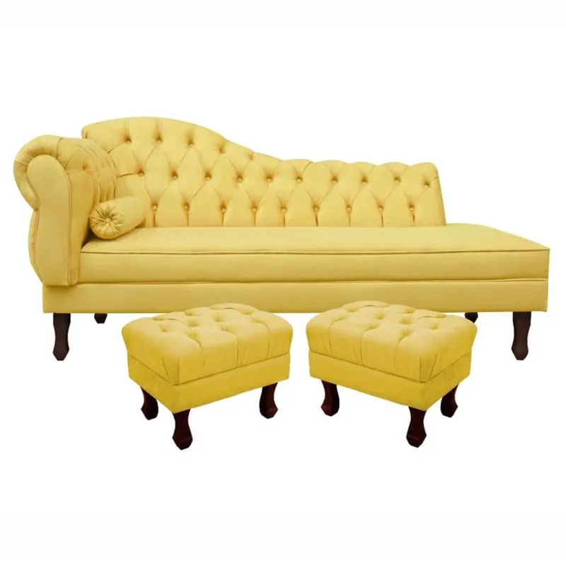 Divã Recamier Namoradeira Larissa 160cm com Capitonê - Direita + 02 Puffs Retrô Suede