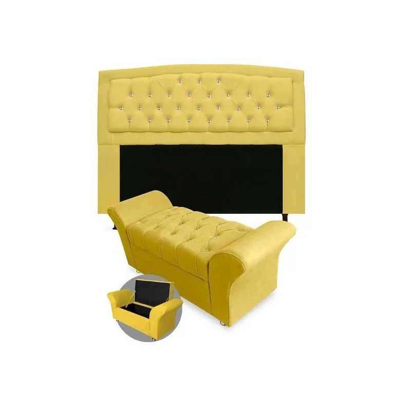 Kit Cabeceira Geovana + Calçadeira Veneza Solteiro 100cm com Strass Suede
