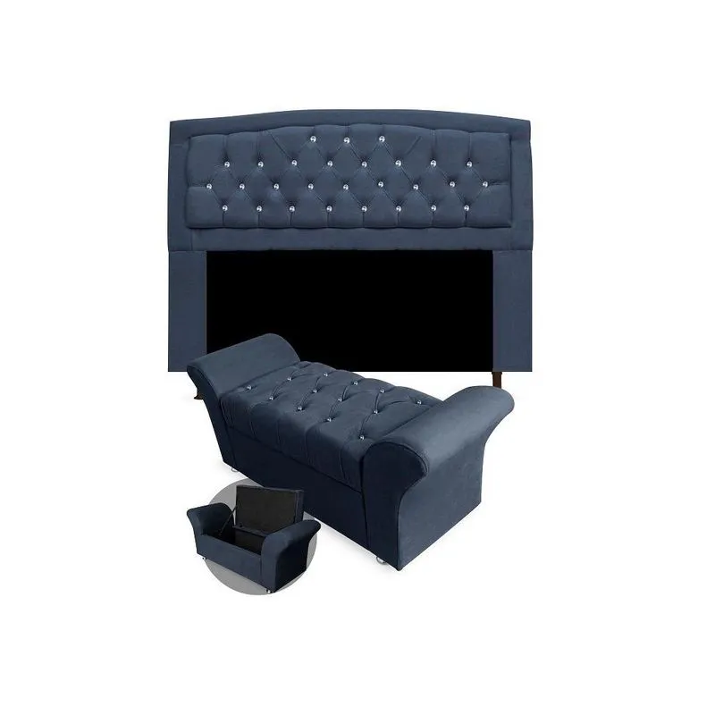 Kit Cabeceira Geovana + Calçadeira Veneza Solteiro 100cm com Strass Suede