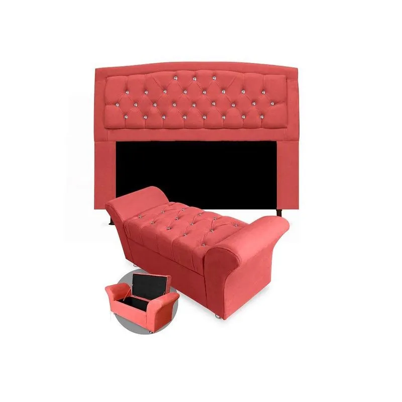 Kit Cabeceira Geovana + Calçadeira Veneza Solteiro 120cm com Strass Suede