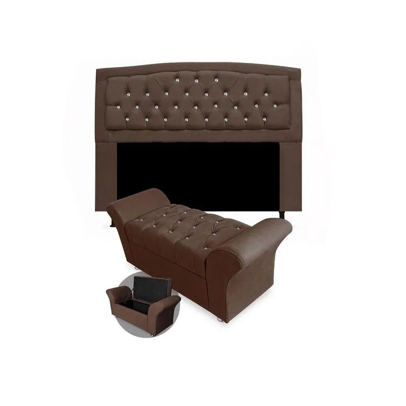 Kit Cabeceira Geovana + Calçadeira Veneza Casal 140cm com Strass Suede