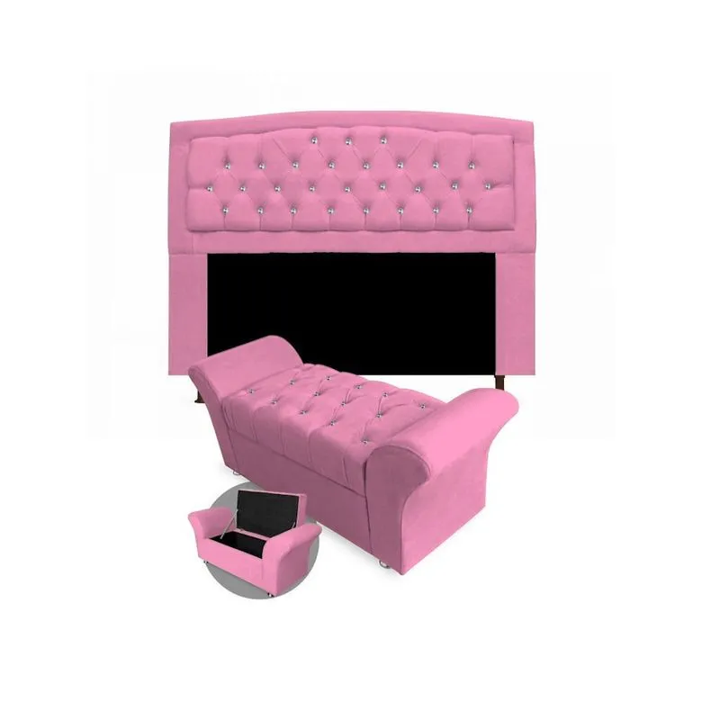 Kit Cabeceira Geovana + Calçadeira Veneza Casal 140cm com Strass Suede