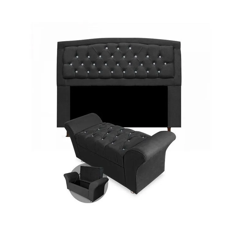 Kit Cabeceira Geovana + Calçadeira Veneza Casal 140cm com Strass Suede