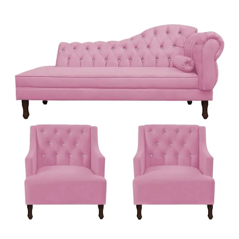 Kit Divã Cancun 140cm Braço Esquerdo + 2 Poltronas Genesis com Strass Suede