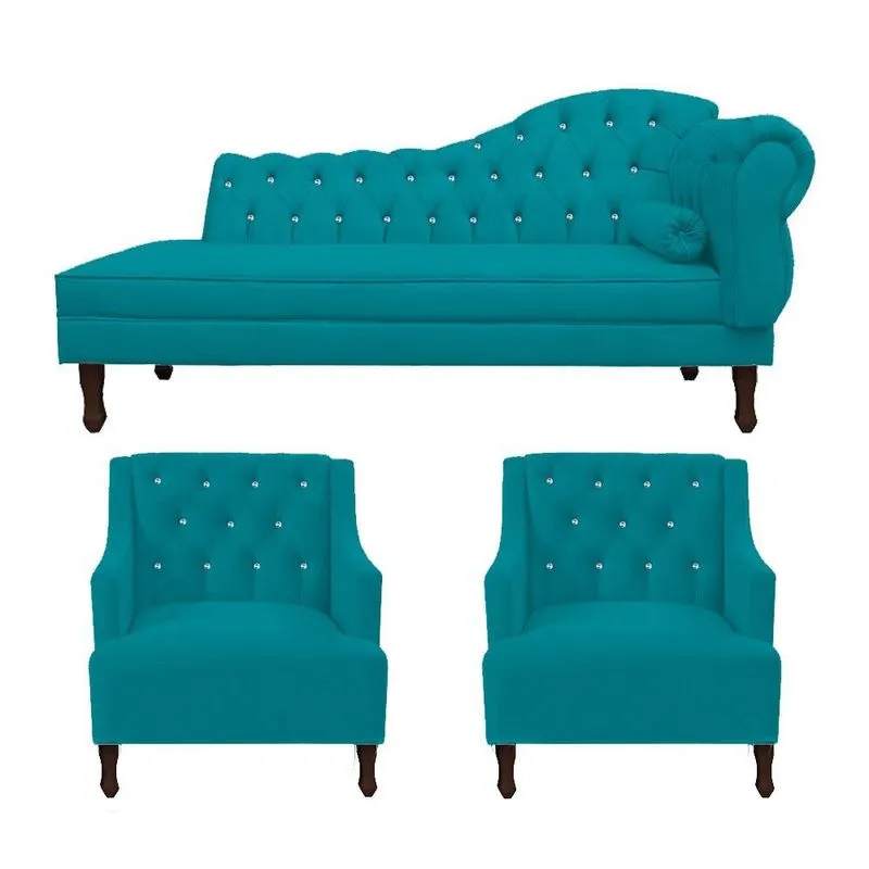 Kit Divã Cancun 140cm Braço Esquerdo + 2 Poltronas Genesis com Strass Suede