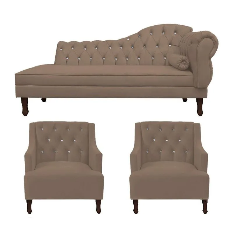 Kit Divã Cancun 140cm Braço Esquerdo + 2 Poltronas Genesis com Strass Suede