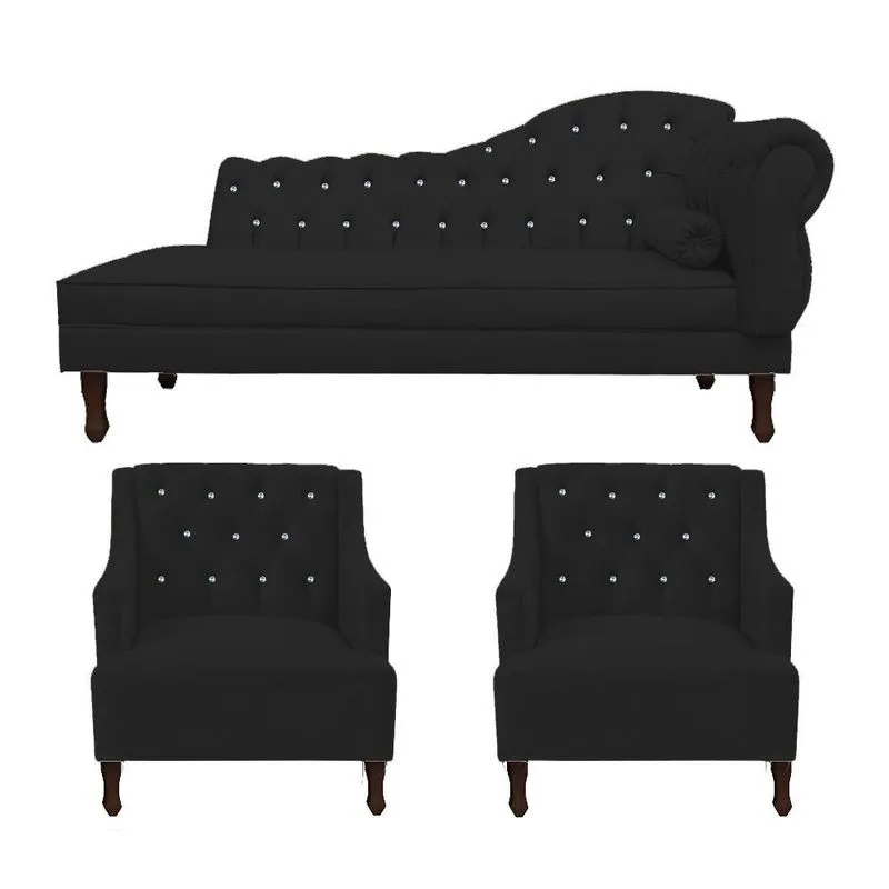 Kit Divã Cancun 160cm Braço Esquerdo + 2 Poltronas Genesis com Strass Suede