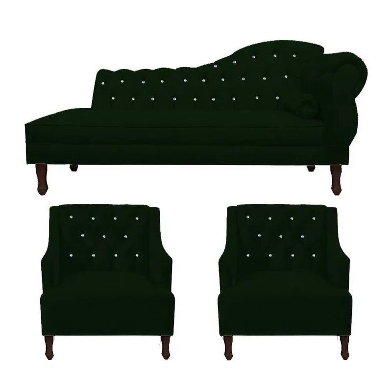 Kit Divã Cancun 160cm Braço Esquerdo + 2 Poltronas Genesis com Strass Suede