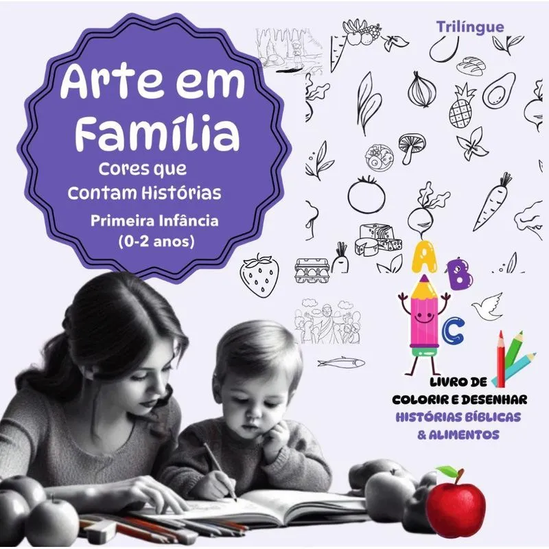 Arte Em Familia:livro Trilingue De Colorir E Desenhar: Primeira Infância (02 Anos) Histórias Bíblicas E Alimentos
