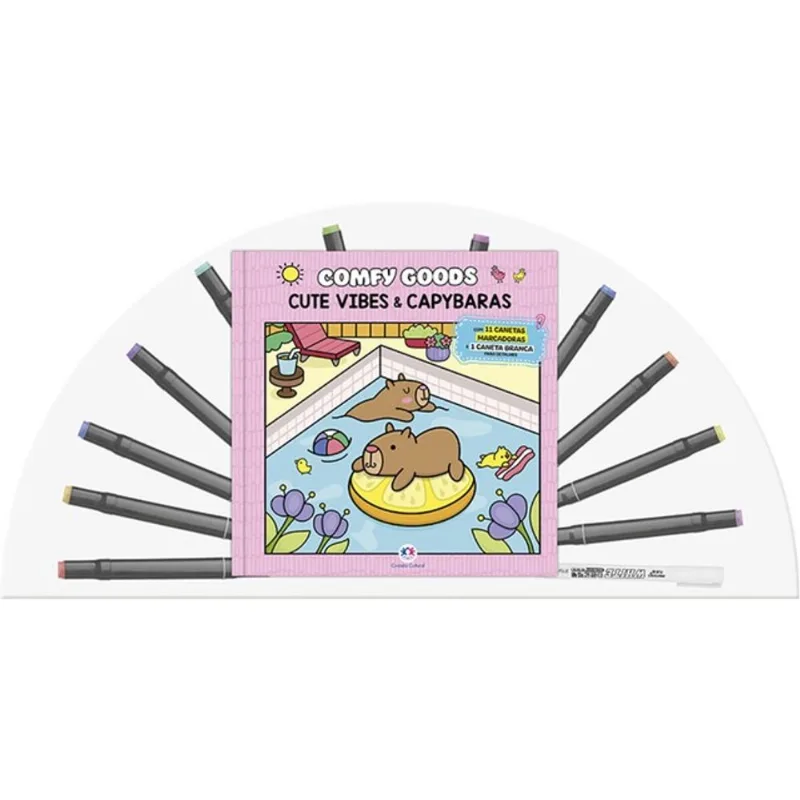 CUTE VIBES AND CAPYBARAS - LIVRO PARA COLORIR COM 12 CANETINHAS
