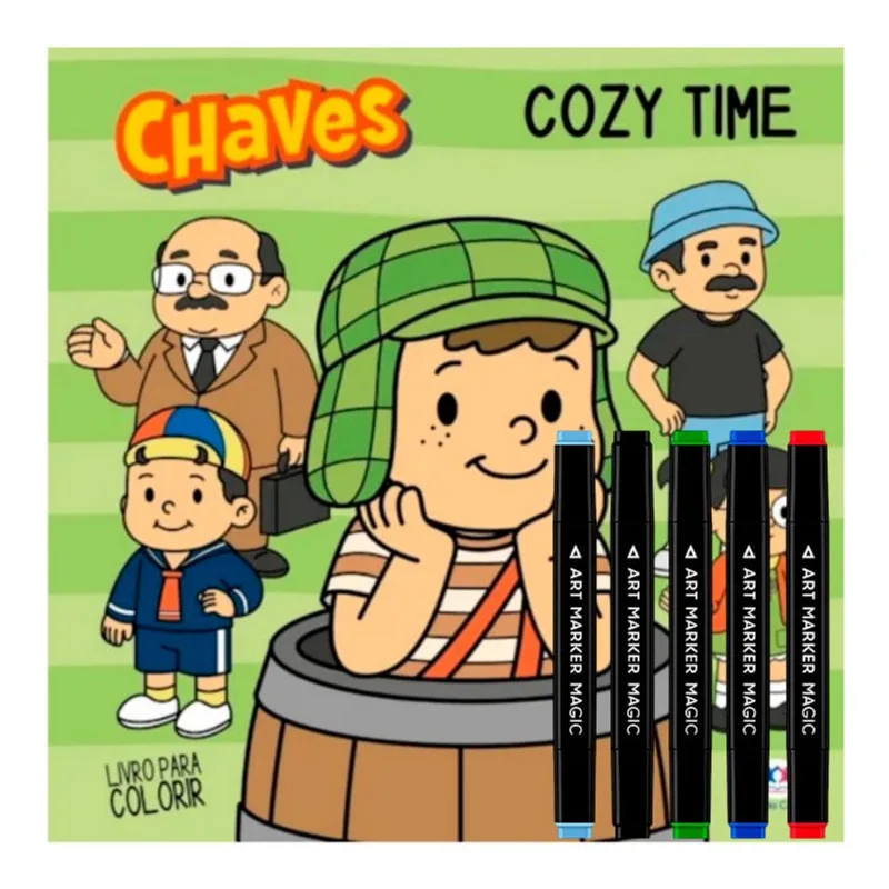 Livro Para Colorir Chaves Flex Cozy Time 1 Unidade + Canetas Coloridas Ponta Dupla Magic Art Marker 5 Unidades